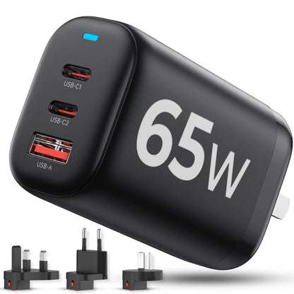 Incarcator Retea, 3 porturi, 65W, 18 W Incarcare Rapida - USB, Priza EU, Negru