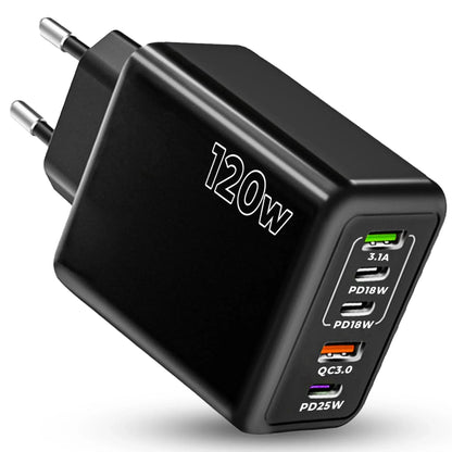 Incarcator Retea Timebox, 5 Porturi, 120W, 3 x Type-C, 2 x USB, Negru