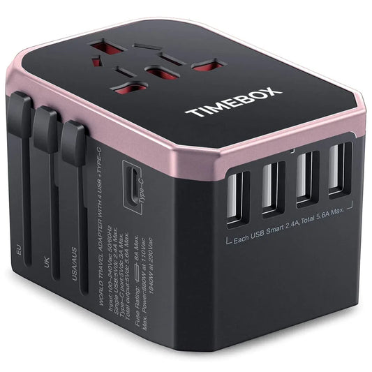 Adaptor incarcator universal priza de calatorie, 4 x USB, 1 x Type-C, Rose Gold