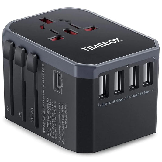 Adaptor incarcator universal priza de calatorie, 4 x USB, 1 x Type-C, Silver Grey