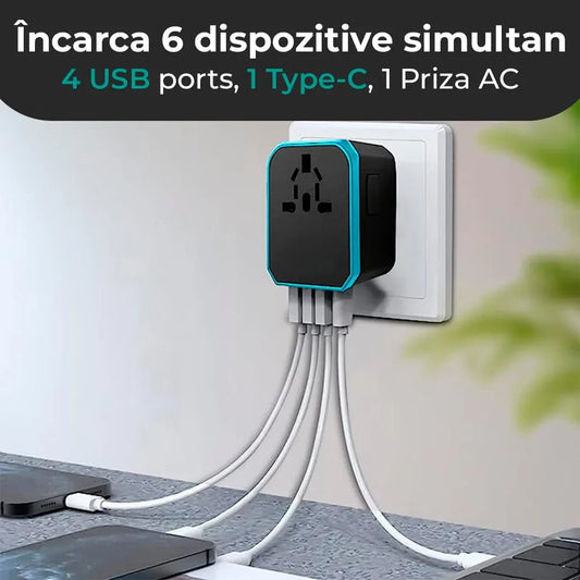 Adaptor incarcator universal priza de calatorie, 4 x USB, 1 x Type-C, Albastru