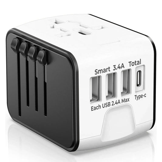 Adaptor incarcator universal priza de calatorie Timebox, 3 x USB, 1 x Type-C, Alb