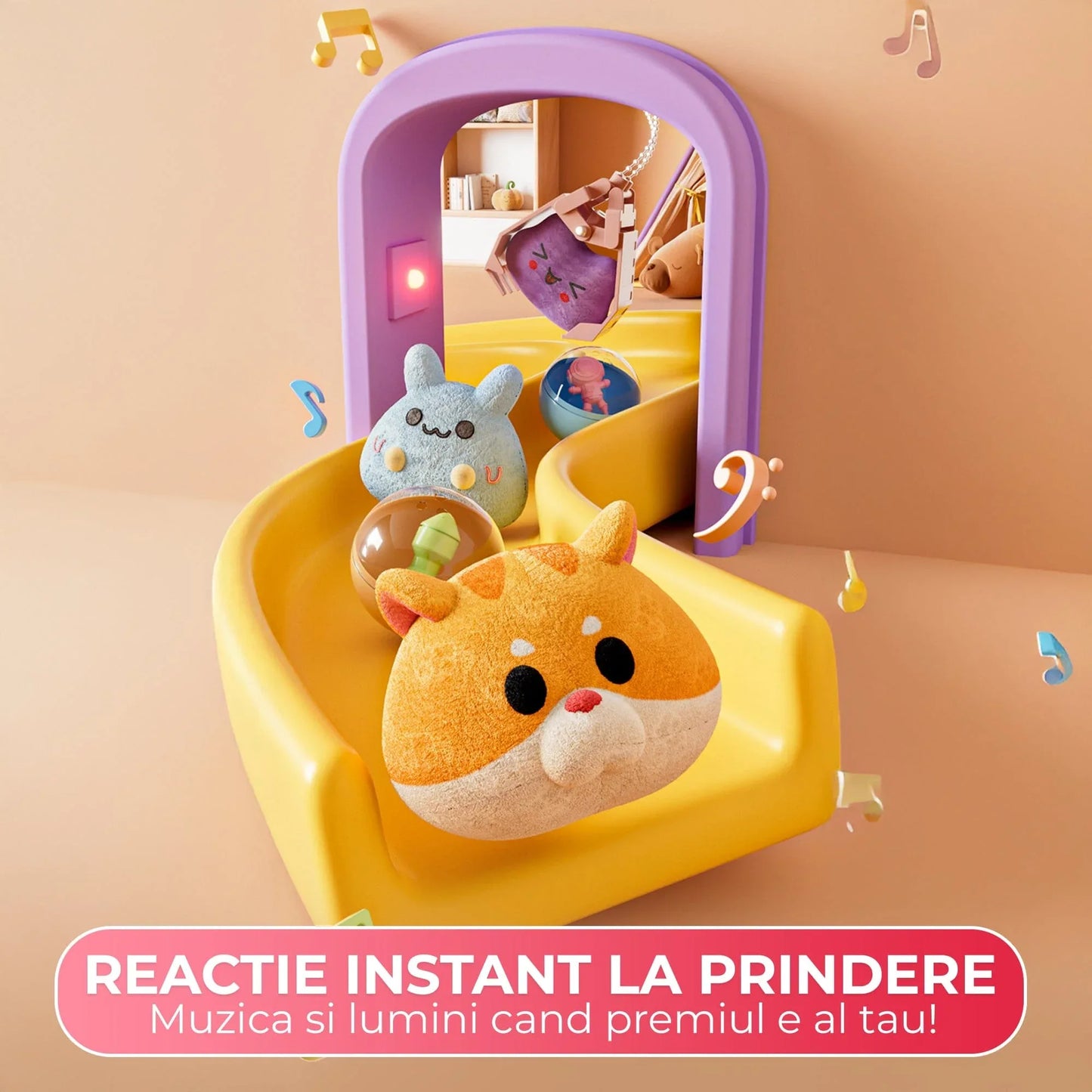 Masina de prins jucarii pentru acasa, Cronometru cu fise, Joc de prindere plusuri, Muzica, Lumini, Timer, 20 de plusuri + 10 capsule + pana la 25 fise, 4–6 ani, Roz - 221.ro