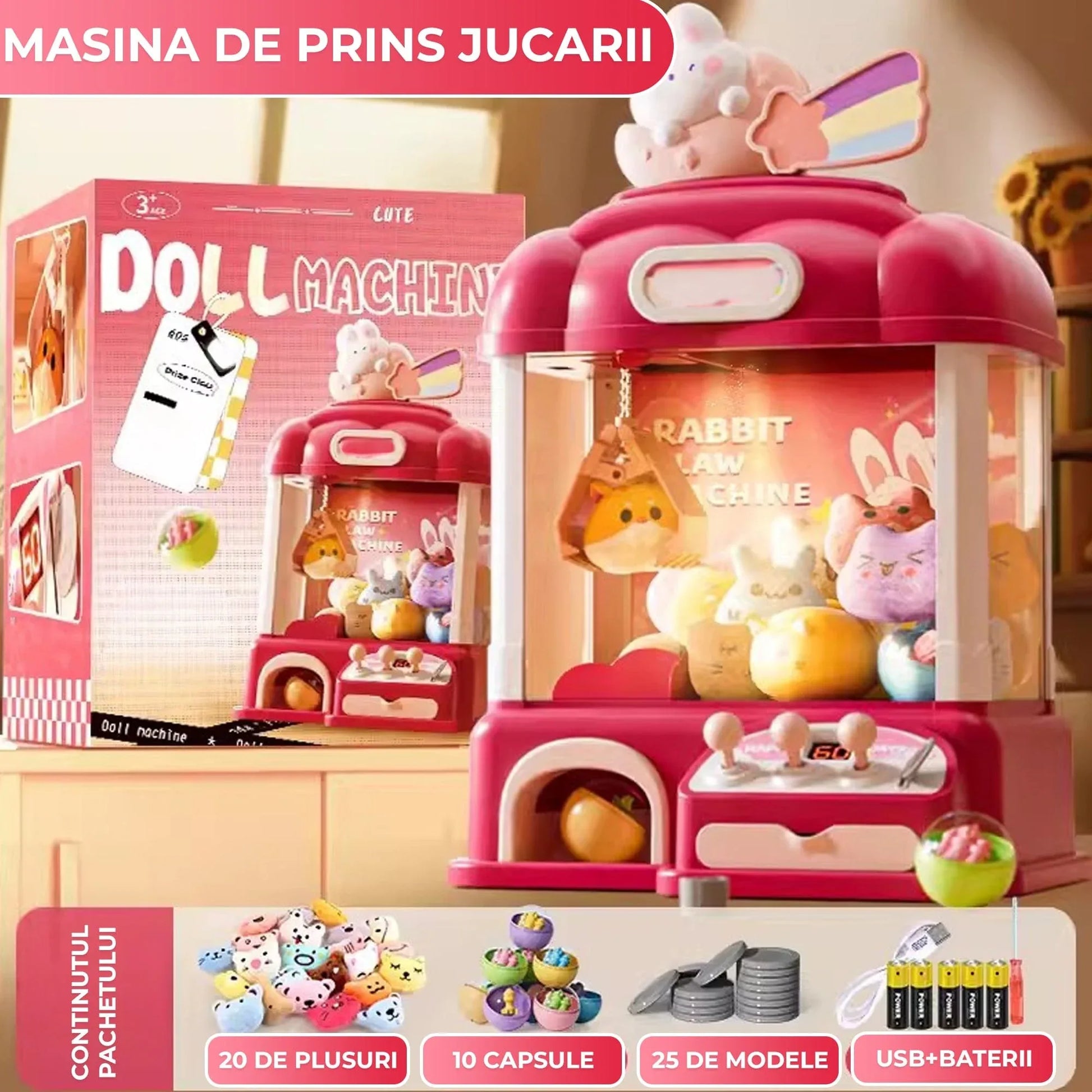 Masina de prins jucarii pentru acasa, Cronometru cu fise, Joc de prindere plusuri, Muzica, Lumini, Timer, 20 de plusuri + 10 capsule + pana la 25 fise, 4–6 ani, Roz - 221.ro