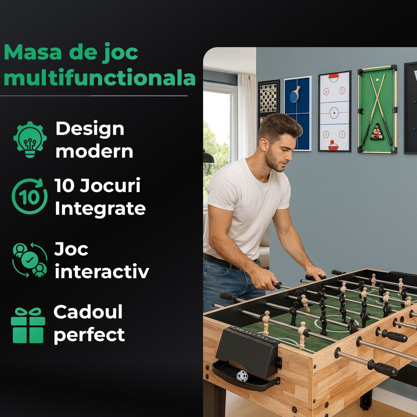 Masa de Joc 10-in-1, Biliard, Foosball, Ping Pong, Shuffleboard, Sah, Table