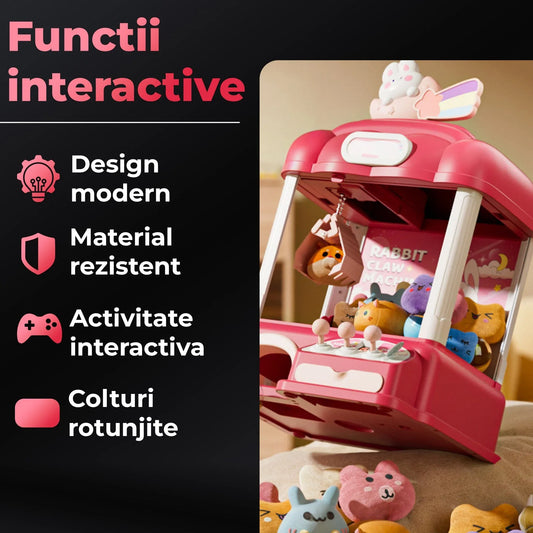 Masina de prins jucarii pentru acasa, Cronometru cu fise, Joc de prindere plusuri, Muzica, Lumini, Timer, 20 de plusuri + 10 capsule + pana la 25 fise, 4–6 ani, Roz - 221.ro