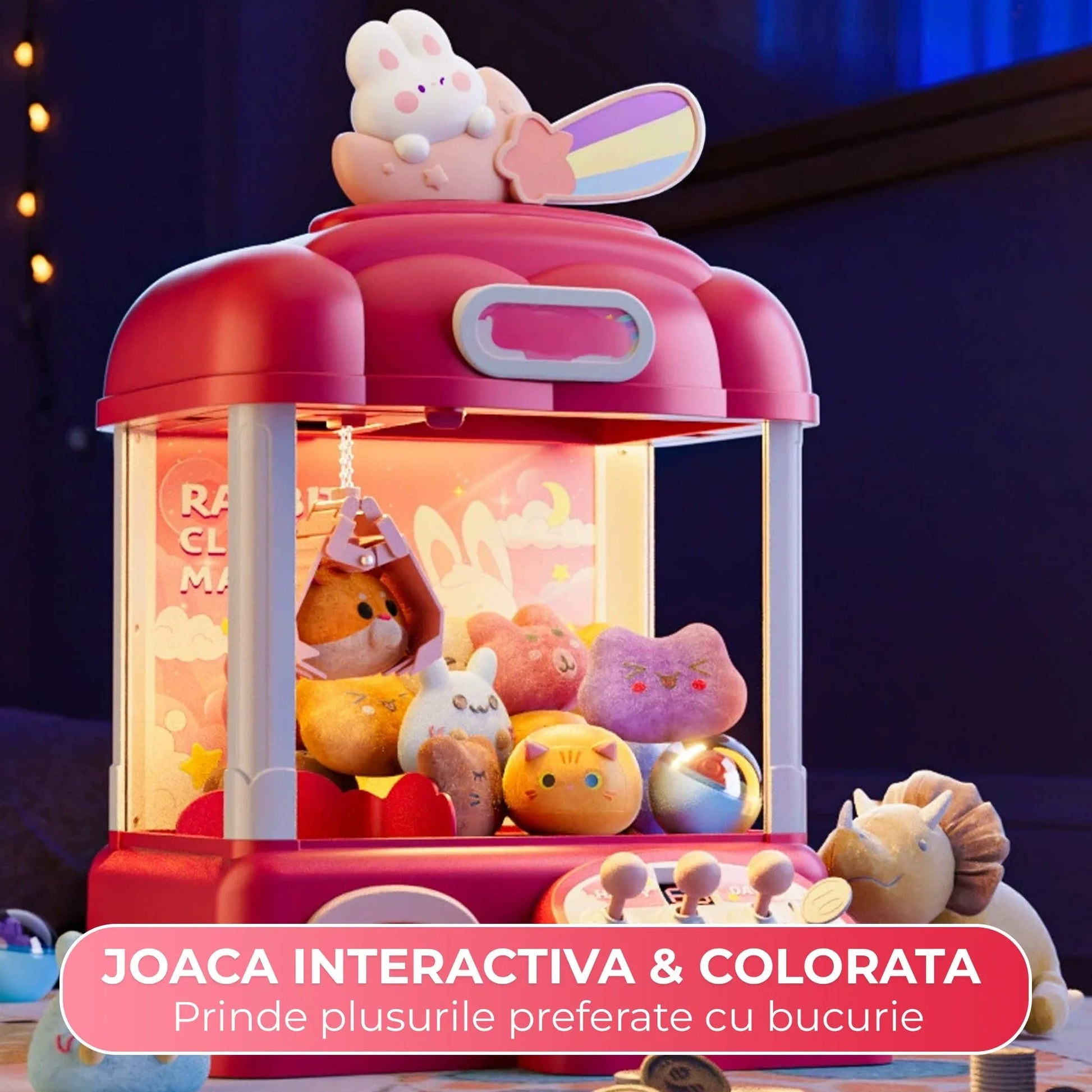 Masina de prins jucarii pentru acasa, Cronometru cu fise, Joc de prindere plusuri, Muzica, Lumini, Timer, 20 de plusuri + 10 capsule + pana la 25 fise, 4–6 ani, Roz - 221.ro