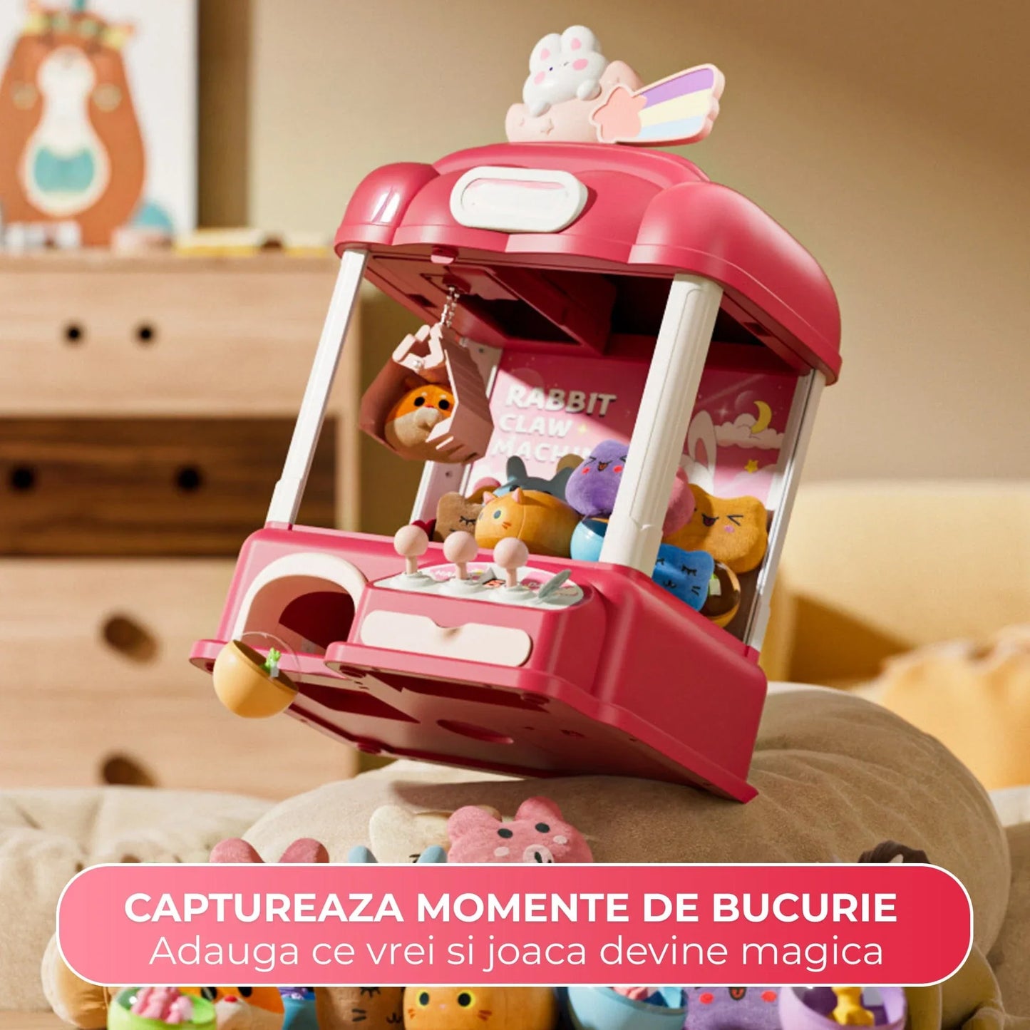 Masina de prins jucarii pentru acasa, Cronometru cu fise, Joc de prindere plusuri, Muzica, Lumini, Timer, 20 de plusuri + 10 capsule + pana la 25 fise, 4–6 ani, Roz - 221.ro