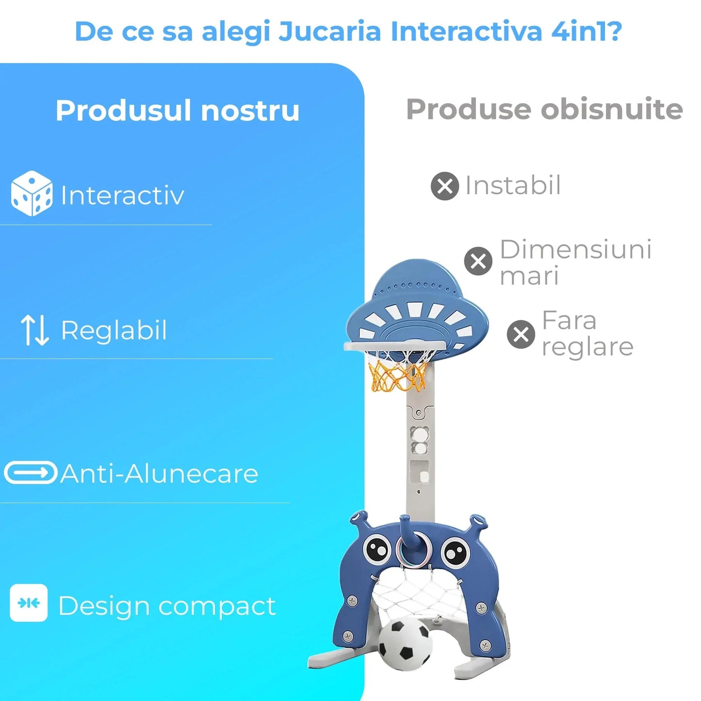 Set Jucărie Interactivă 3 în 1 pentru Copii, Cos Baschet, Poarta Fotbal, Inele, Albastru