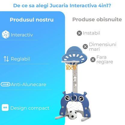 Set Jucărie Interactivă 3 în 1 pentru Copii, Cos Baschet, Poarta Fotbal, Inele, Albastru