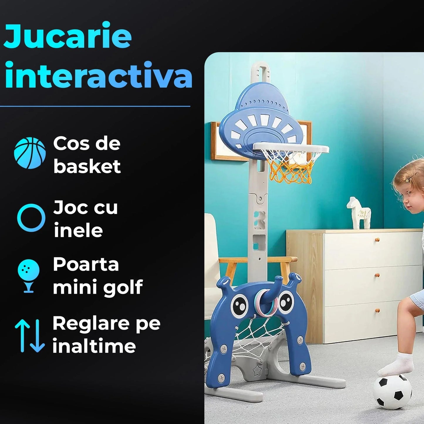 Set Jucărie Interactivă 3 în 1 pentru Copii, Cos Baschet, Poarta Fotbal, Inele, Albastru