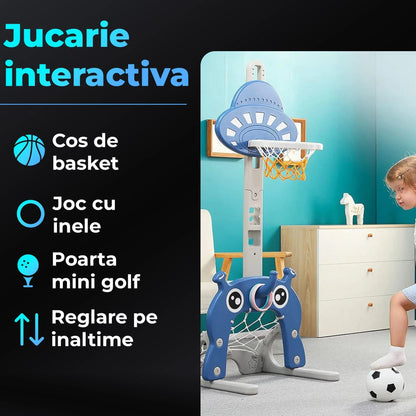 Set Jucărie Interactivă 3 în 1 pentru Copii, Cos Baschet, Poarta Fotbal, Inele, Albastru