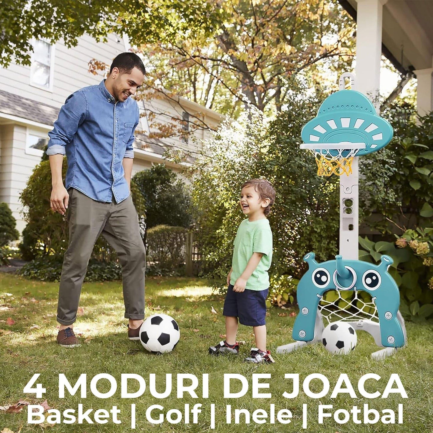 Set Jucărie Interactivă 3 în 1 pentru Copii, Cos Baschet, Poarta Fotbal, Inele, Albastru