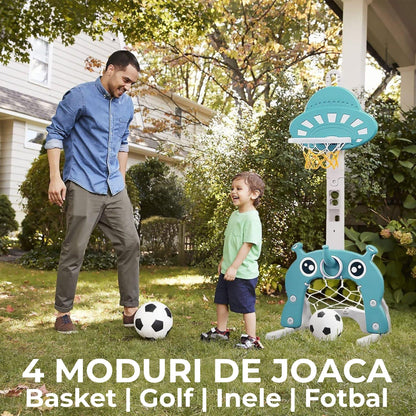 Set Jucărie Interactivă 3 în 1 pentru Copii, Cos Baschet, Poarta Fotbal, Inele, Albastru