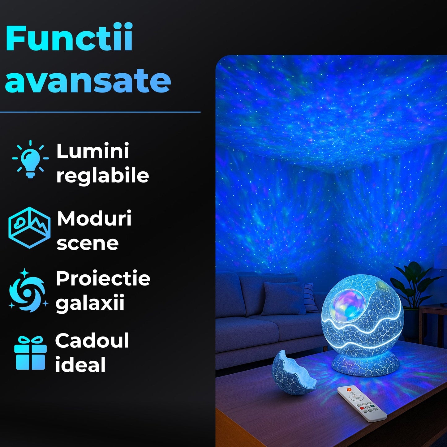 Lampa de Noapte tip Proiector Galaxie Timebox, Proiectii Stele 14 Culori pentru Dormitor, 10 Sunete Albe, Boxa Bluetooth 5,1 integrata, Timer si Telecomanda, Control Vocal, Alb