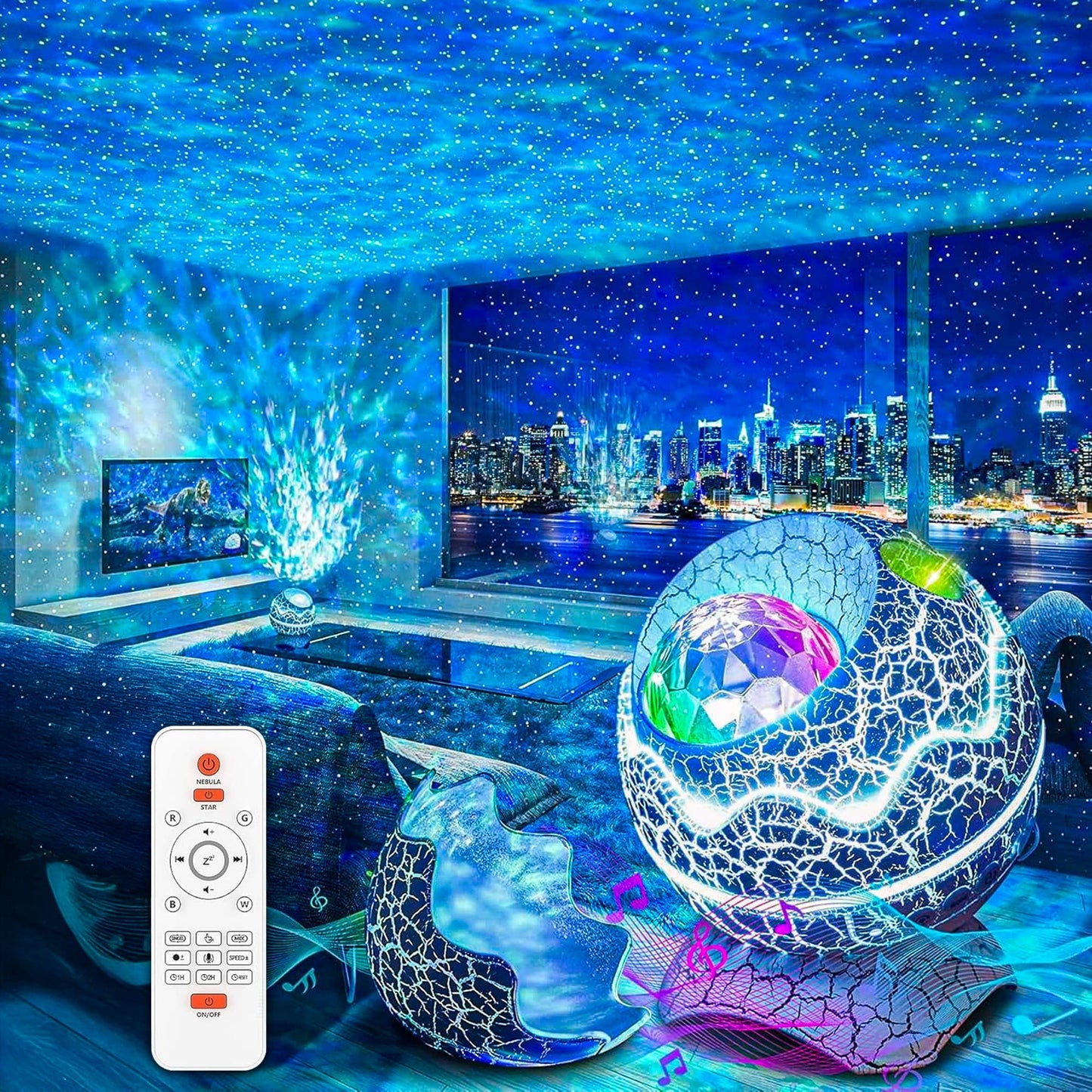 Lampa de Noapte tip Proiector Galaxie Timebox, Proiectii Stele 14 Culori pentru Dormitor, 10 Sunete Albe, Boxa Bluetooth 5,1 integrata, Timer si Telecomanda, Control Vocal, Alb