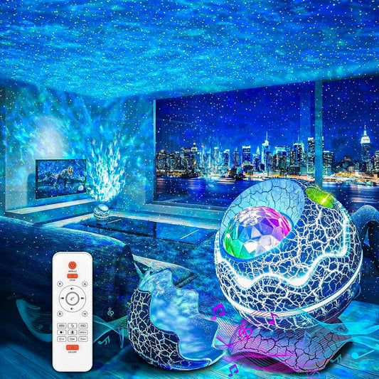 Lampa de Noapte tip Proiector Galaxie Timebox, Proiectii Stele 14 Culori pentru Dormitor, 10 Sunete Albe, Boxa Bluetooth 5,1 integrata, Timer si Telecomanda, Control Vocal, Alb