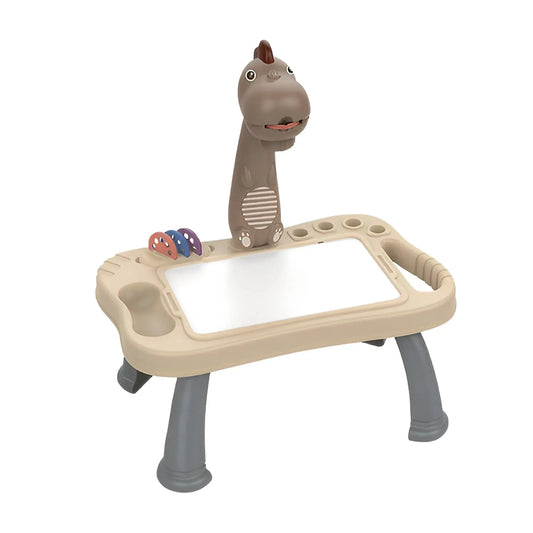 Masa interactiva de desen pentru copii cu model dinozaur, Tabla magnetica lavabila, Unghi ajustabil (plat/inclinat), Picioare demontabile, Discuri cu sabloane rotative, Markere color incluse, Durabil, Maro/Alb - 221.ro