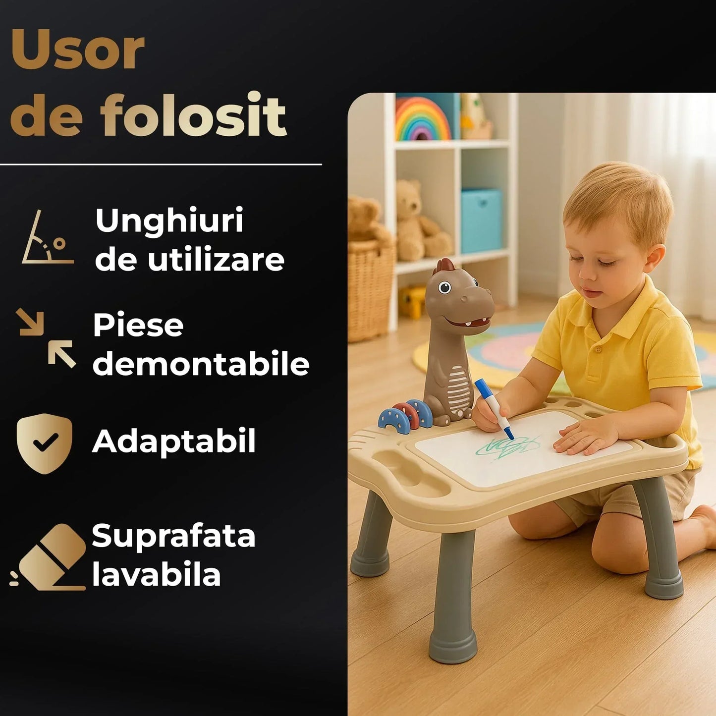 Masa interactiva de desen pentru copii cu model dinozaur, Tabla magnetica lavabila, Unghi ajustabil (plat/inclinat), Picioare demontabile, Discuri cu sabloane rotative, Markere color incluse, Durabil, Maro/Alb - 221.ro