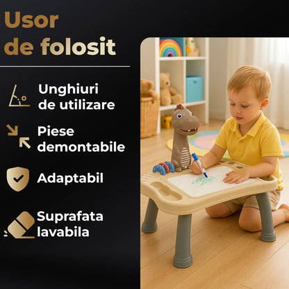 Masa interactiva de desen pentru copii cu model dinozaur, Tabla magnetica lavabila, Unghi ajustabil (plat/inclinat), Picioare demontabile, Discuri cu sabloane rotative, Markere color incluse, Durabil, Maro/Alb - 221.ro
