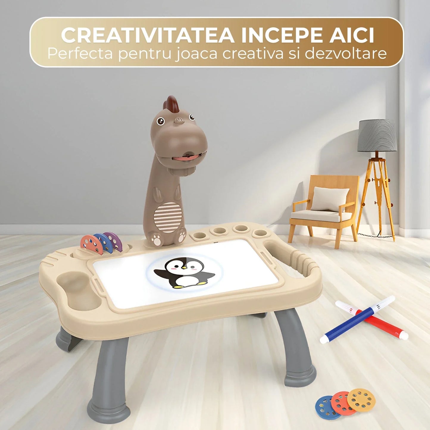 Masa interactiva de desen pentru copii cu model dinozaur, Tabla magnetica lavabila, Unghi ajustabil (plat/inclinat), Picioare demontabile, Discuri cu sabloane rotative, Markere color incluse, Durabil, Maro/Alb - 221.ro