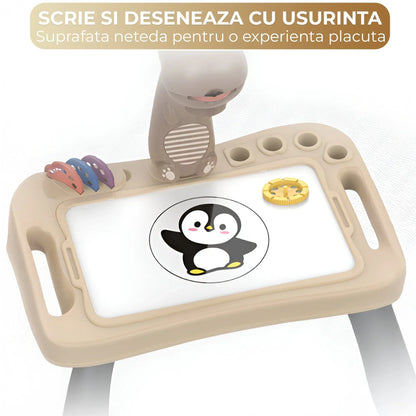 Masa interactiva de desen pentru copii cu model dinozaur, Tabla magnetica lavabila, Unghi ajustabil (plat/inclinat), Picioare demontabile, Discuri cu sabloane rotative, Markere color incluse, Durabil, Maro/Alb - 221.ro