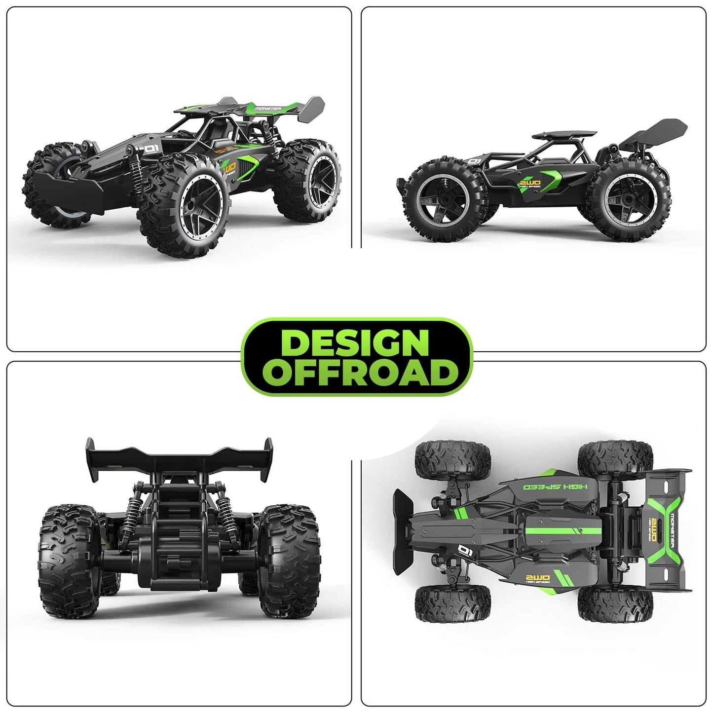Masina cu telecomanda Monster RC Truck, Timebox, 2,4Ghz, 25km/h, Offroad, 1 baterie tip acumulator inclusa, 1:18, Tractiune 2WD, Suspensie puternica, jucarie pentru copii 6-14 ani si adulti, Negru/Verde