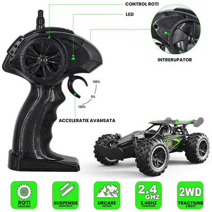 Masina cu telecomanda Monster RC Truck, Timebox, 2,4Ghz, 25km/h, Offroad, 1 baterie tip acumulator inclusa, 1:18, Tractiune 2WD, Suspensie puternica, jucarie pentru copii 6-14 ani si adulti, Negru/Verde