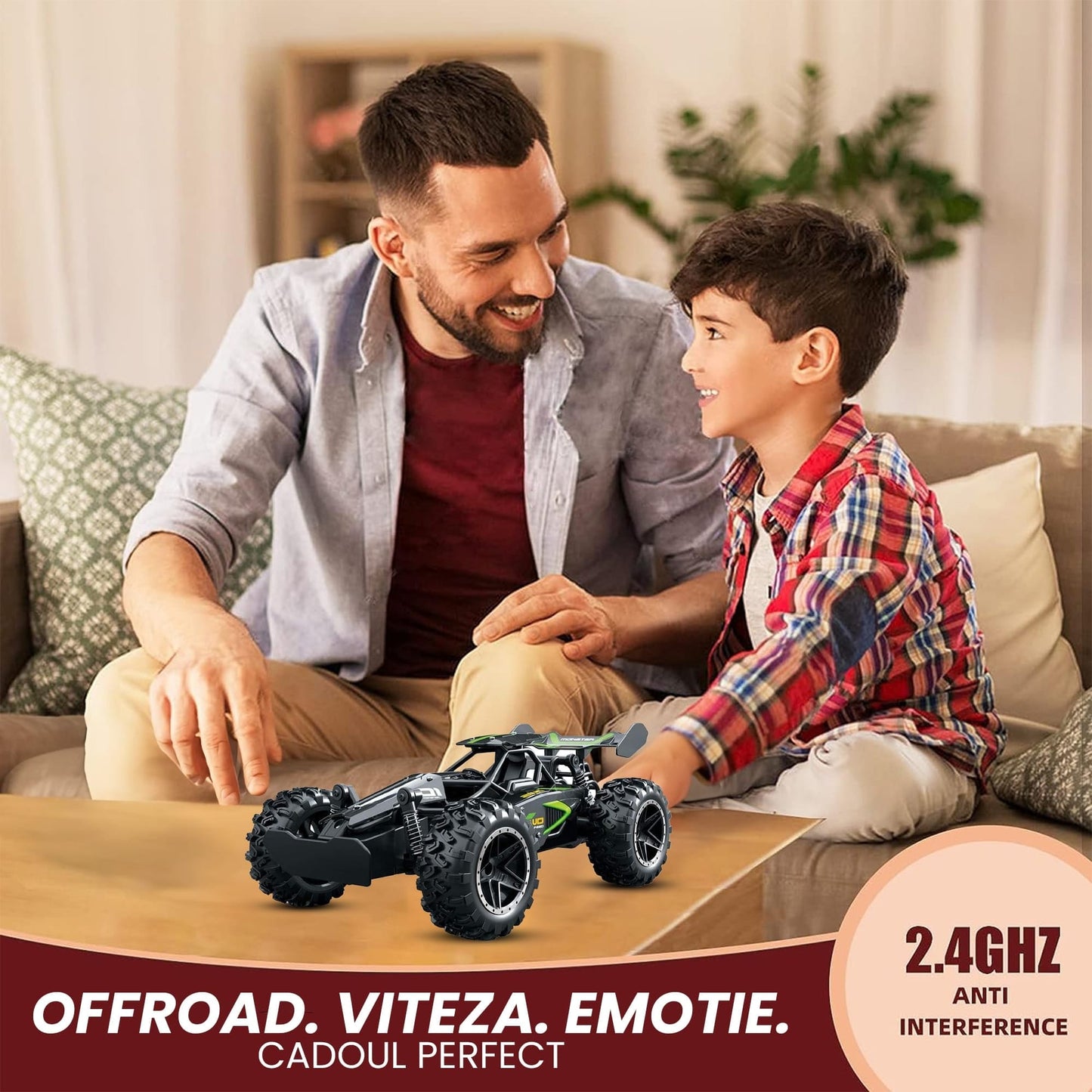 Masina cu telecomanda Monster RC Truck, Timebox, 2,4Ghz, 25km/h, Offroad, 1 baterie tip acumulator inclusa, 1:18, Tractiune 2WD, Suspensie puternica, jucarie pentru copii 6-14 ani si adulti, Negru/Verde