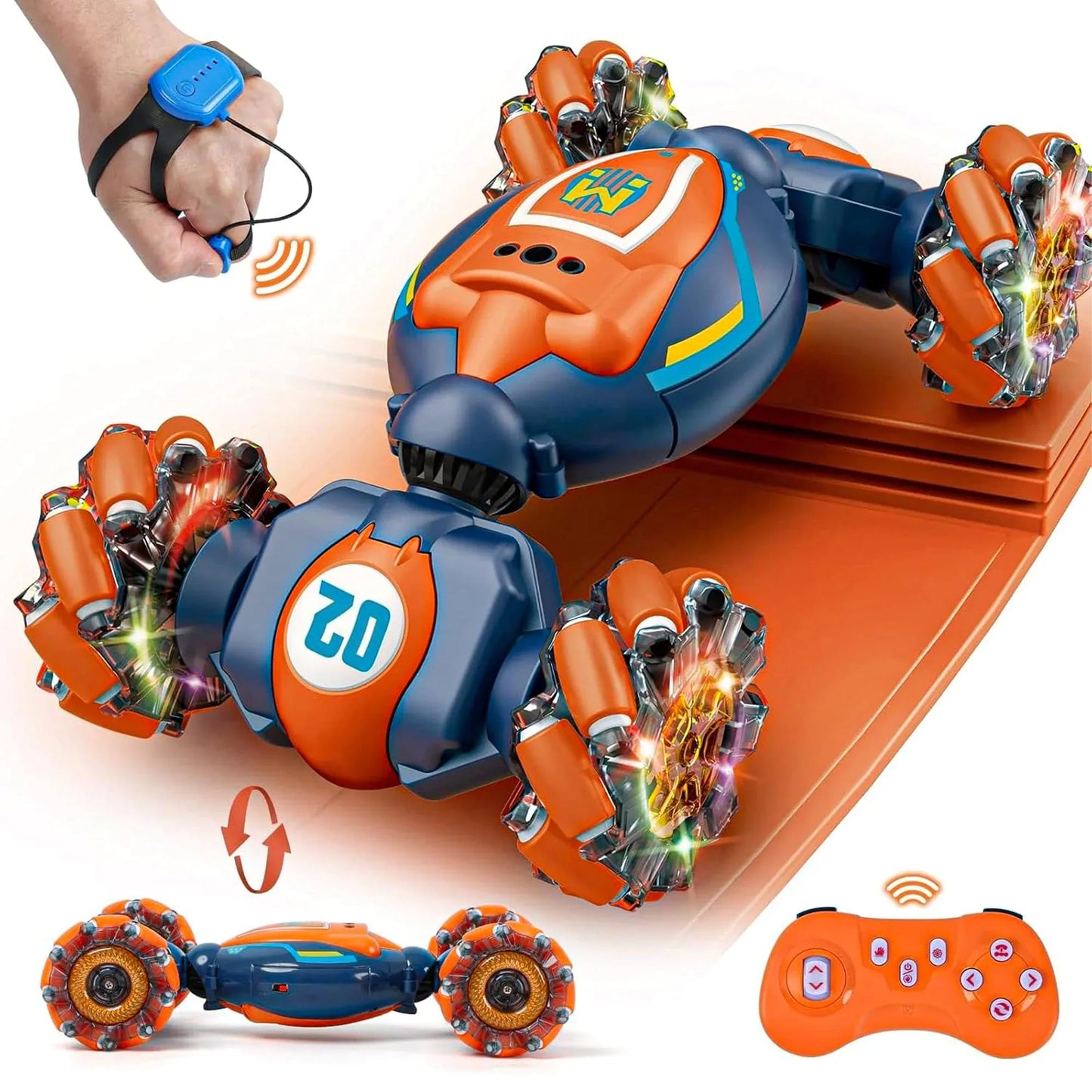 Masina cu Telecomanda RC Stunt Acrobatii Timebox, Rotire 360°, Control prin Gesturi, 4WD Off Road, Lumini si Sunete, baterie tip acumulator reincarcabila, Drift Lateral 2,4Ghz Jucarie Cadou pentru Copii 6-12 Ani, Portocaliu/Albastru - 221.ro