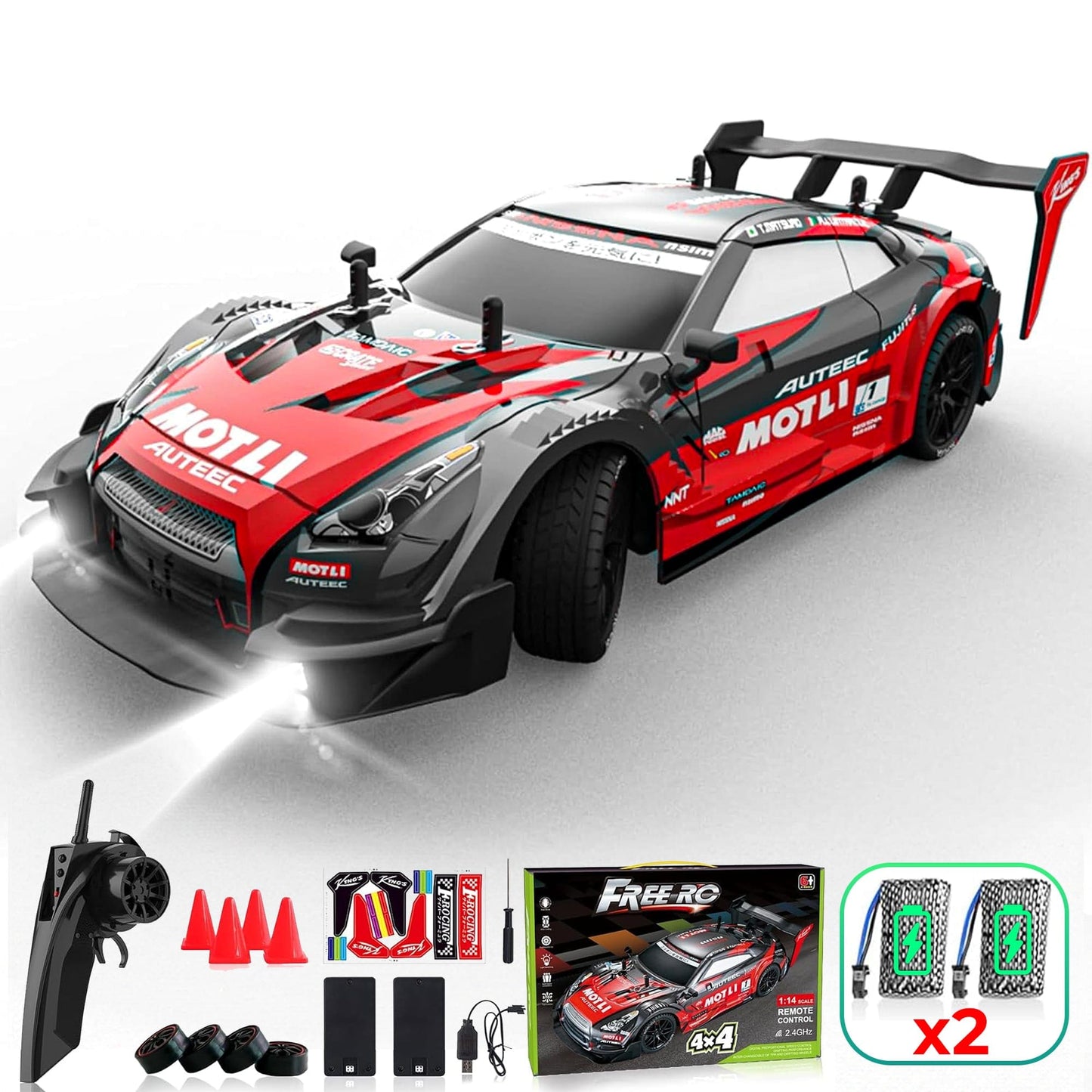Masina cu telecomanda RC, Timebox, Drift car, 30km/h, 4x4, lumini LED, cauciucuri interschimbabile, 2 baterii tip acumulator incluse, 1:16, Negru/Rosu