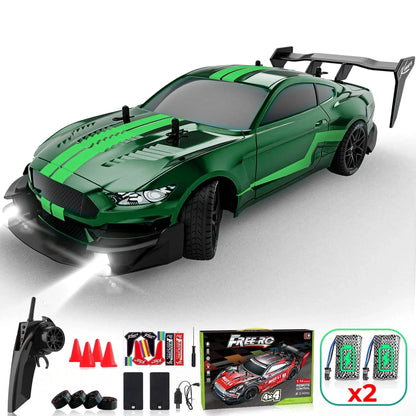 Masina cu telecomanda RC, Timebox, Drift car, 30km/h, 4x4, lumini LED, cauciucuri interschimbabile, 2 baterii tip acumulator incluse, 1:16, Verde - 221.ro