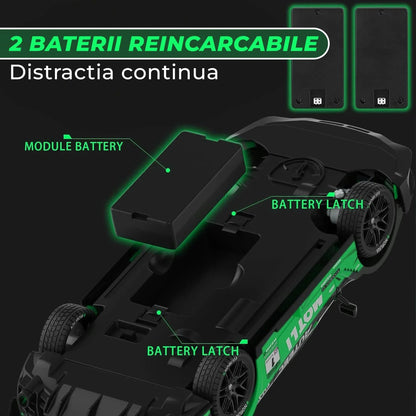 Masina cu telecomanda RC, Timebox, Drift car, 30km/h, 4x4, lumini LED, cauciucuri interschimbabile, 2 baterii tip acumulator incluse, 1:16, Verde - 221.ro