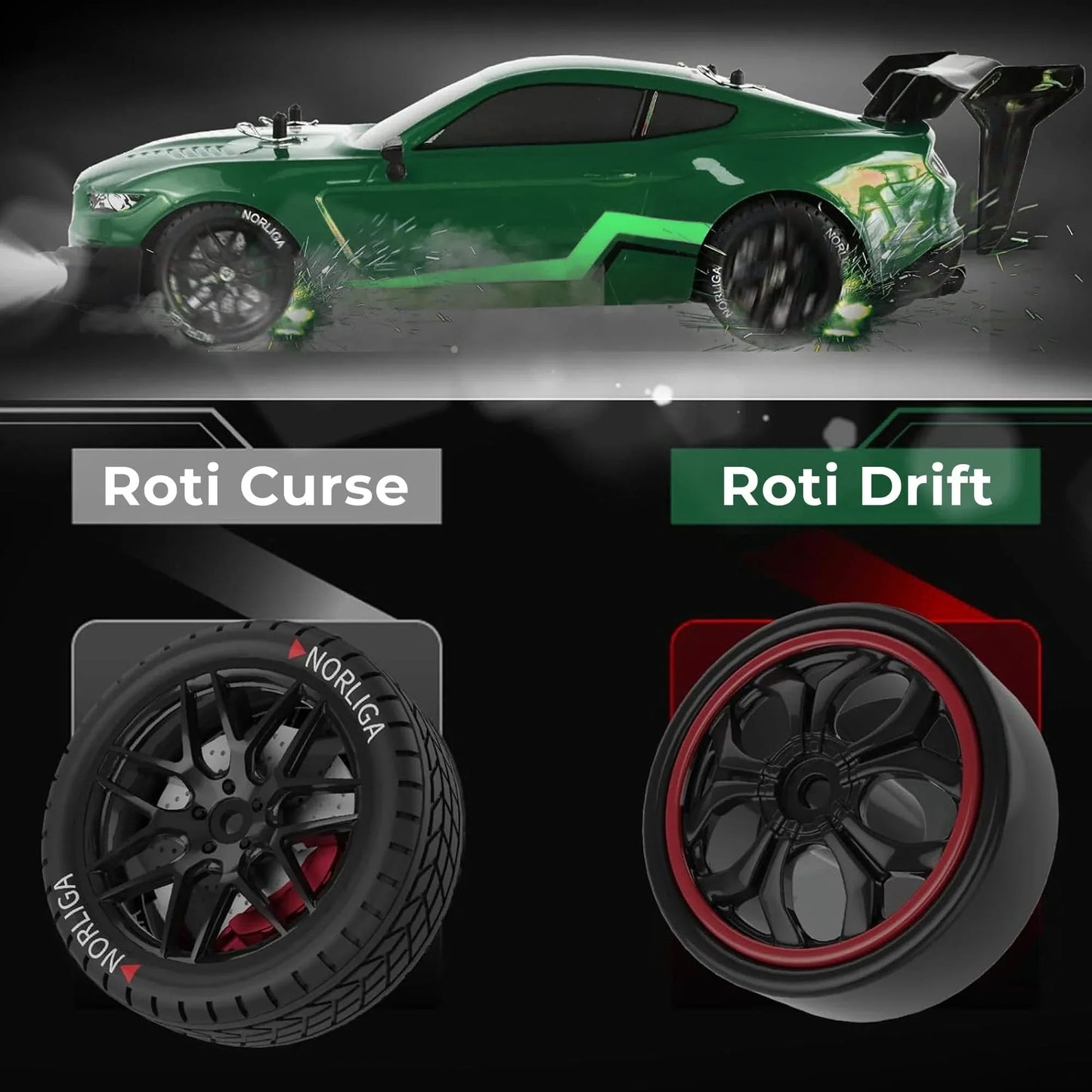 Masina cu telecomanda RC, Timebox, Drift car, 30km/h, 4x4, lumini LED, cauciucuri interschimbabile, 2 baterii tip acumulator incluse, 1:16, Verde - 221.ro