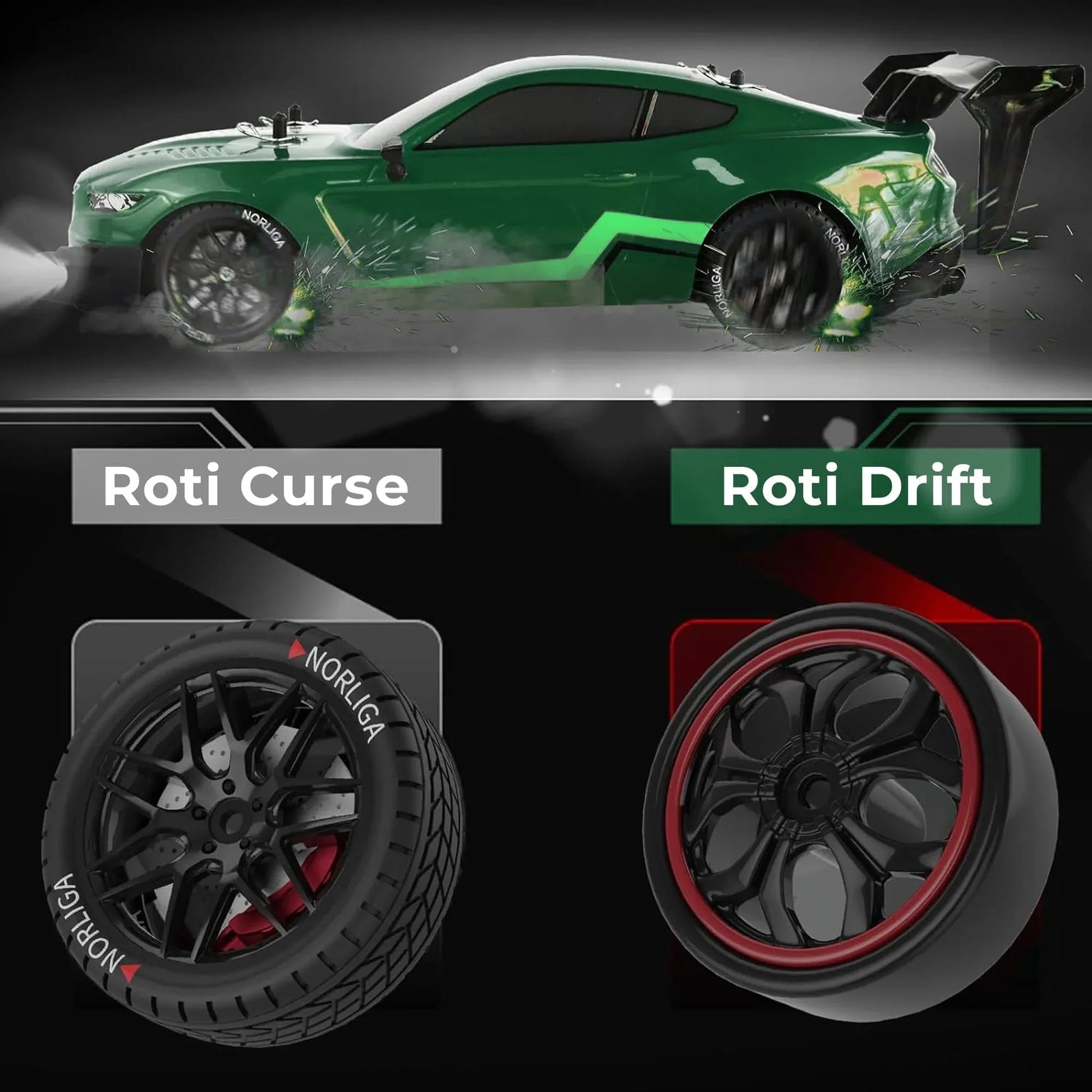 Masina cu telecomanda RC, Timebox, Drift car, 30km/h, 4x4, lumini LED, cauciucuri interschimbabile, 2 baterii tip acumulator incluse, 1:16, Verde - 221.ro