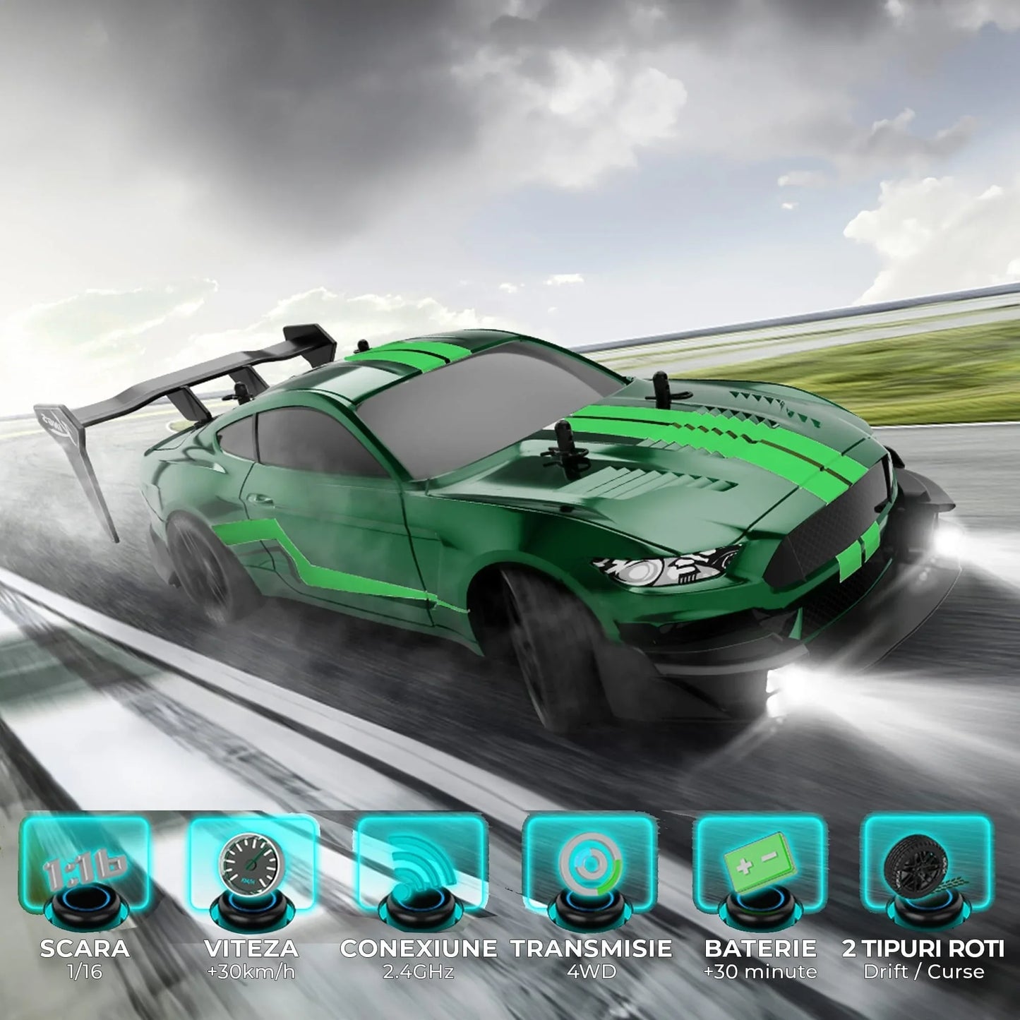 Masina cu telecomanda RC, Timebox, Drift car, 30km/h, 4x4, lumini LED, cauciucuri interschimbabile, 2 baterii tip acumulator incluse, 1:16, Verde - 221.ro