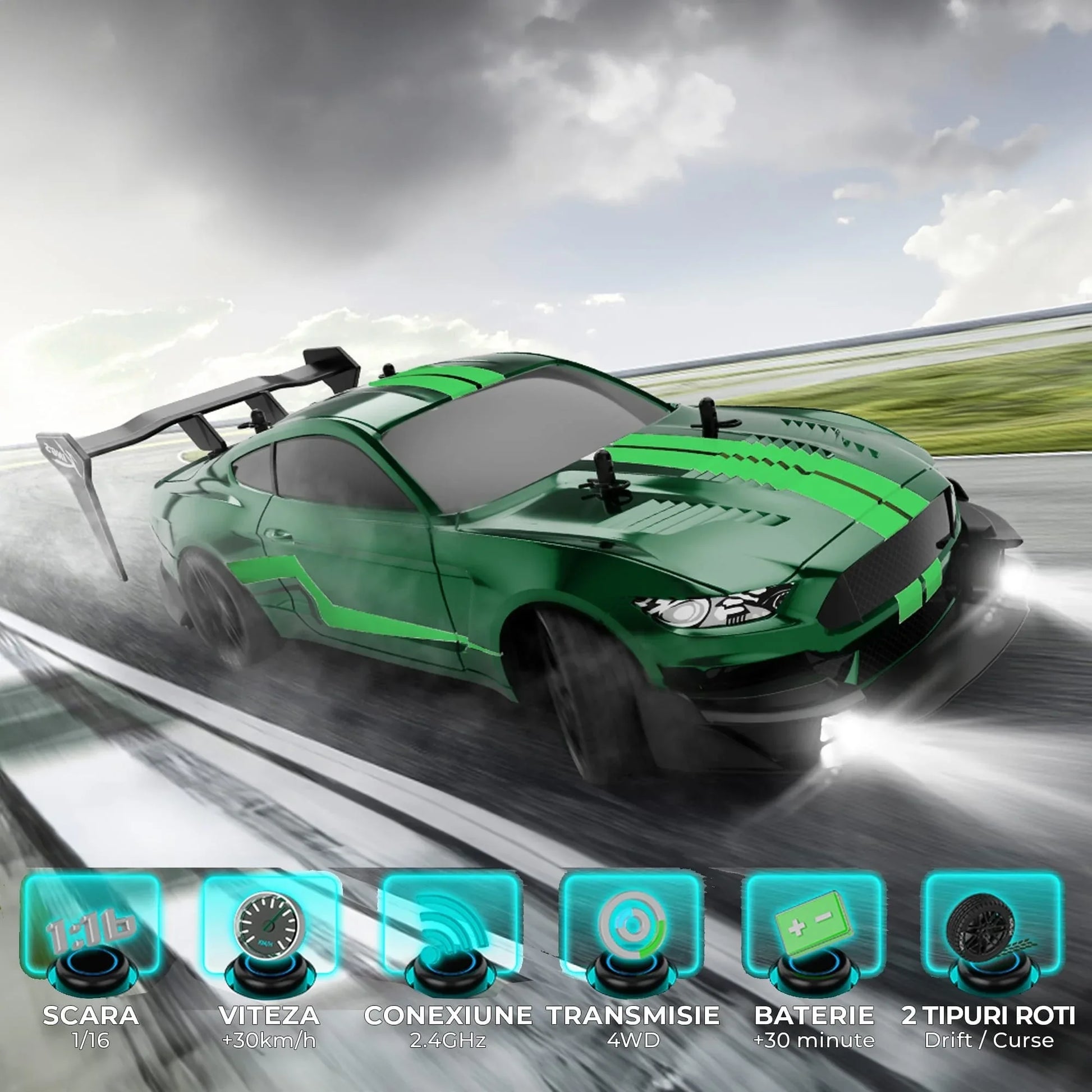 Masina cu telecomanda RC, Timebox, Drift car, 30km/h, 4x4, lumini LED, cauciucuri interschimbabile, 2 baterii tip acumulator incluse, 1:16, Verde - 221.ro