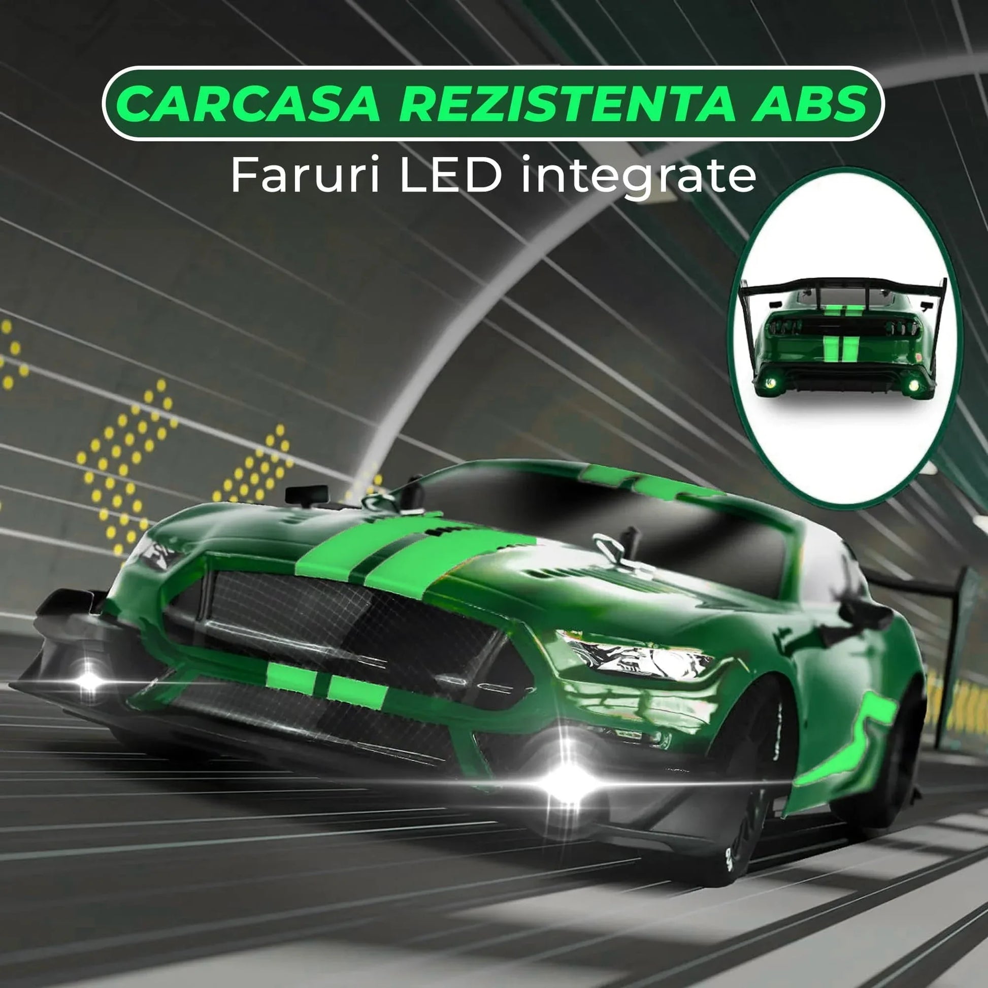 Masina cu telecomanda RC, Timebox, Drift car, 30km/h, 4x4, lumini LED, cauciucuri interschimbabile, 2 baterii tip acumulator incluse, 1:16, Verde - 221.ro
