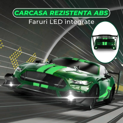 Masina cu telecomanda RC, Timebox, Drift car, 30km/h, 4x4, lumini LED, cauciucuri interschimbabile, 2 baterii tip acumulator incluse, 1:16, Verde - 221.ro