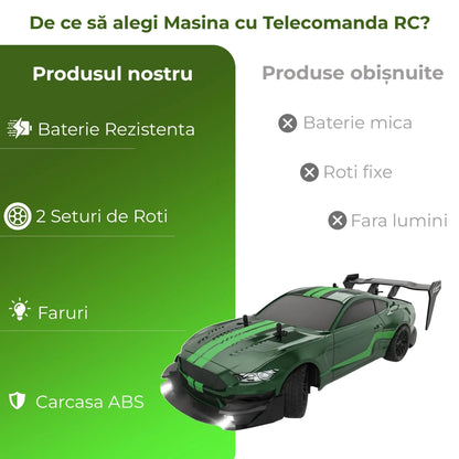 Masina cu telecomanda RC, Timebox, Drift car, 30km/h, 4x4, lumini LED, cauciucuri interschimbabile, 2 baterii tip acumulator incluse, 1:16, Verde - 221.ro