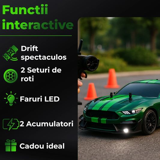 Masina cu telecomanda RC, Timebox, Drift car, 30km/h, 4x4, lumini LED, cauciucuri interschimbabile, 2 baterii tip acumulator incluse, 1:16, Verde - 221.ro