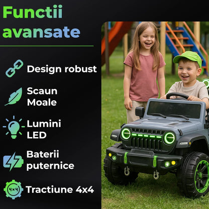 Masinuta electrica pentru copii tip Jeep Wrangler, 4x4, Negru/Verde