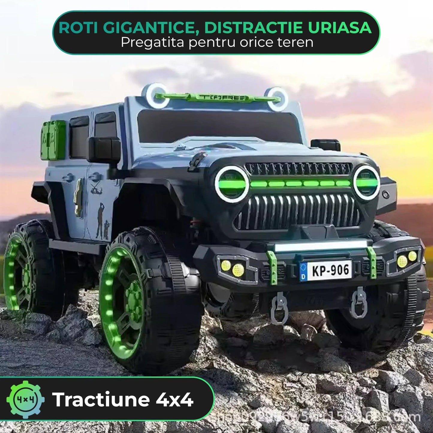 Masinuta electrica pentru copii tip Jeep Wrangler, 4x4, Negru/Verde