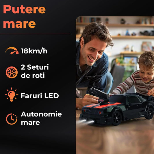 Masina cu telecomanda RC, Timebox, Drift car, 20km/h, lumini LED, cauciucuri interschimbabile, 1:16, 2 baterii tip acumulator incluse, Negru/Portocaliu - 221.ro