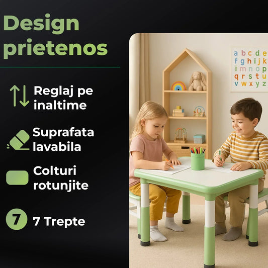 Set Masa si 2 Scaune Reglabile pentru Copii – Masa Multifunctionala 80x60cm cu Colturi Rotunjite, Ideala pentru Joaca, Desen si Invatare, Structura Solida si Inaltime Ajustabila, Potrivita pentru Gradinite si Acasa, Verde - 221.ro
