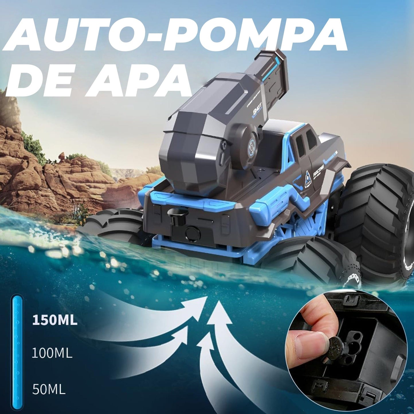 Masina RC 3-in-1 Timebox cu Jet de Apa si Control prin Gesturi – Monster Truck Stunt Off-Road & Barca Telecomandata 4x4, Rotatie 360°, Rezistenta la Apa, Cadou Interactiv pentru Copii 6-12 Ani, Albastru