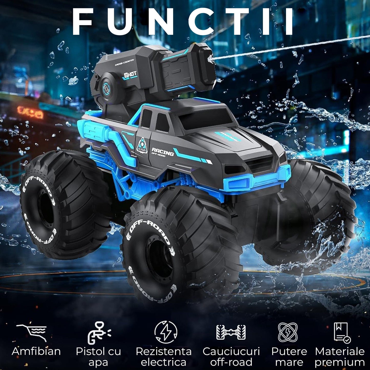 Masina RC 3-in-1 Timebox cu Jet de Apa si Control prin Gesturi – Monster Truck Stunt Off-Road & Barca Telecomandata 4x4, Rotatie 360°, Rezistenta la Apa, Cadou Interactiv pentru Copii 6-12 Ani, Albastru