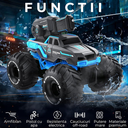 Masina RC 3-in-1 Timebox cu Jet de Apa si Control prin Gesturi – Monster Truck Stunt Off-Road & Barca Telecomandata 4x4, Rotatie 360°, Rezistenta la Apa, Cadou Interactiv pentru Copii 6-12 Ani, Albastru