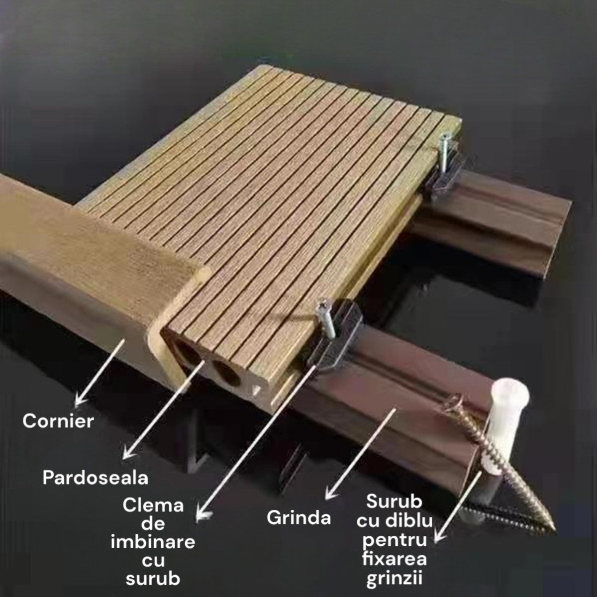 Pardoseala decking terasa din compozit WPC, Naimeed D7481, rezistenta sporita, 280x14x2.5cm, Gri inchis