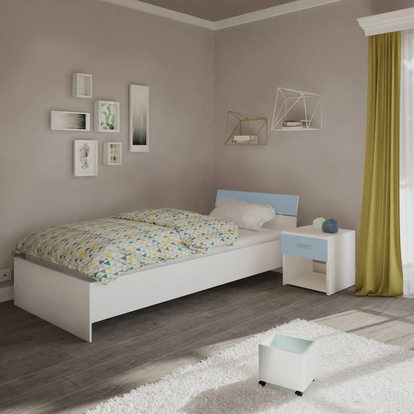 Set 2 Noptiere Leco, 1 Sertar, Alb/Bleu, 40 x 35 x 40 cm